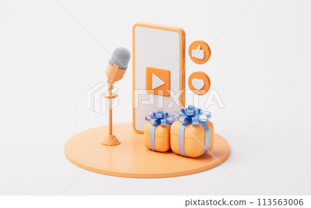 Microphone live streaming and gift boxes, 3d rendering. 113563006