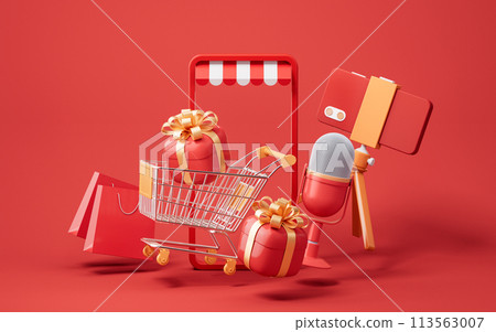 Microphone live streaming and gift boxes, 3d rendering. Microphone live streaming and gift boxes, 3d rendering. 113563007