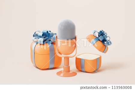 Microphone live streaming and gift boxes, 3d rendering. 113563008