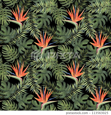 Beach cheerful seamless pattern wallpaper of tropical dark green leaves of palm trees and flowers bird of paradise (strelitzia) on a black background 113563025
