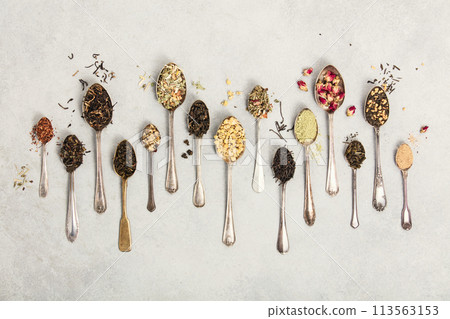 Vintage Spoons with Assorted Teas 113563153