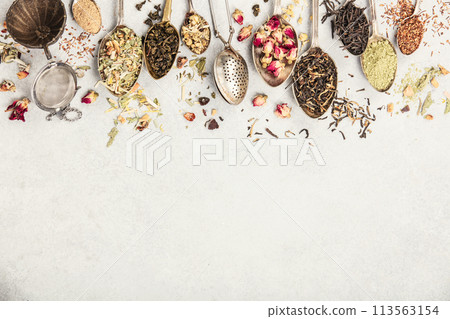 Vintage Spoons with Assorted Teas Vintage Spoons with Assorted Teas 113563154