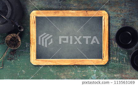 Tea Time Setup with Blank Chalkboard 113563169