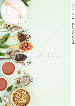 Herbal Tea Assortment on Pastel Green Herbal Tea Assortment on Pastel Green 113563177