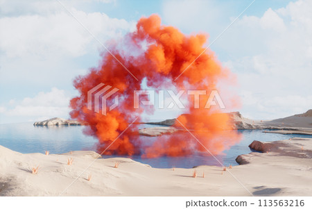 Barren land and lakes with smoke floating, 3d rendering. Barren land and lakes with smoke floating, 3d rendering. 113563216