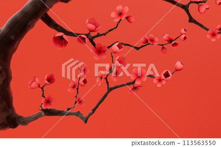 Plum blossom with red background, 3d rendering. 113563550