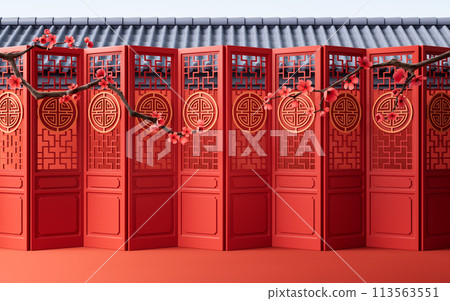 Plum blossom with Chinese ancient doors, 3d rendering. Plum blossom with Chinese ancient doors, 3d rendering. 113563551