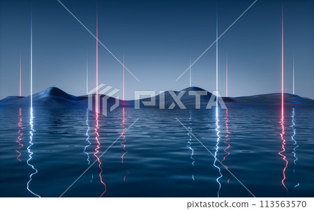 Dark lake with glowing neon lines, 3d rendering. Dark lake with glowing neon lines, 3d rendering. 113563570