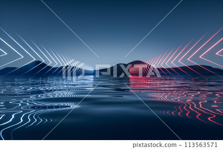 Dark lake with glowing neon lines, 3d rendering. Dark lake with glowing neon lines, 3d rendering. 113563571