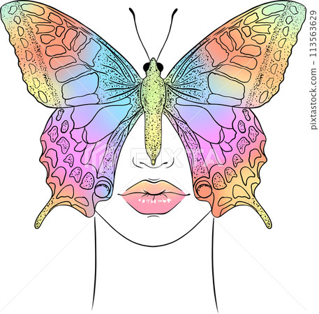 A multicolored butterfly covers a woman's face. 113563629