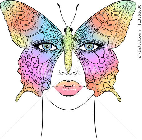 A multicolored butterfly covers a woman's face. 113563630