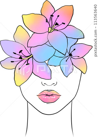 Colorful flowers on female head. Hand drawn illustration. Colorful flowers on female head. Hand drawn illustration. 113563640