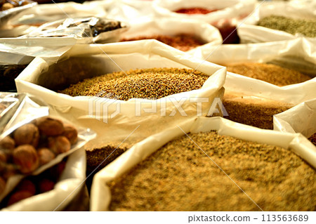 Spices piled up in a souk in Nizwa, an ancient city in Oman in the Middle East. 113563689