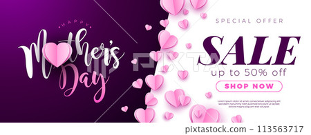 Mother's Day Sale Banner Design with Paper Hearts and Typography Lettering on Violette Background. Vector Seasonal Discount Offer Illustration with Text Label for Voucher, Online Ads, Flyer 113563717