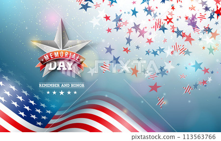 Memorial Day of the USA Vector Illustration Template with American Flag on Falling Colorful Star Background. National Patriotic Celebration Design for Banner, Flyer, Greeting Card or Holiday Poster. Memorial Day of the USA Vector Illustration Template with American Flag on Falling Colorful Star Background. National Patriotic Celebration Design for Banner, Flyer, Greeting Card or Holiday Poster. 113563766