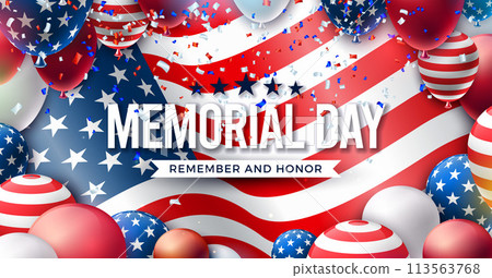 Memorial Day of the USA Vector Design Template with Party Balloon and Falling Confetti on American Flag Background. National Patriotic Celebration Illustration for Banner, Greeting Card or Holiday 113563768