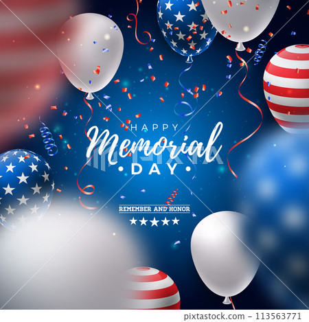 Memorial Day of the USA Vector Design Template with American Flag Air Balloon and Falling Confetti on Shiny Blue Background. National Patriotic Celebration Illustration for Banner, Greeting Card or 113563771