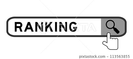 Search banner in word ranking with hand over magnifier icon on white background Search banner in word ranking with hand over magnifier icon on white background 113563855