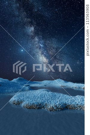 Blue grassland with milky way at night, 3d rendering. 113563908