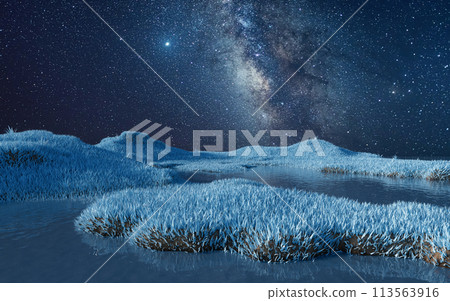 Blue grassland with milky way at night, 3d rendering. Blue grassland with milky way at night, 3d rendering. 113563916