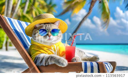 Cat relaxing on a tropical beach 113563917