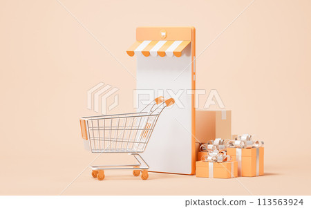 Online store and shopping cart, 3d rendering. Online store and shopping cart, 3d rendering. 113563924