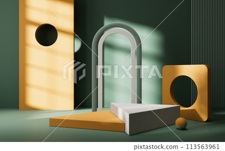 Empty stage with geometry interior background, 3d rendering. Empty stage with geometry interior background, 3d rendering. 113563961