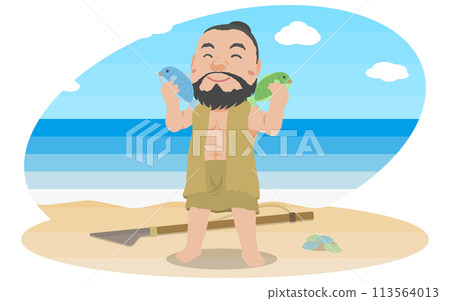 A Jomon man rejoicing after catching a fish 113564013