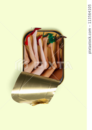 Contemporary art collage. Idealized body type. Assortment of female legs wearing high heels, whimsically protruding from sardine can. 113564105