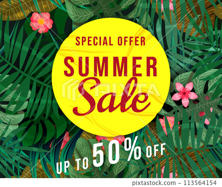 Summer Sale banner tropical plant, flowers and leaves Summer Sale banner tropical plant, flowers and leaves 113564154
