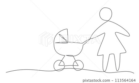 Baby stroller One line drawing isolated on white background 113564164