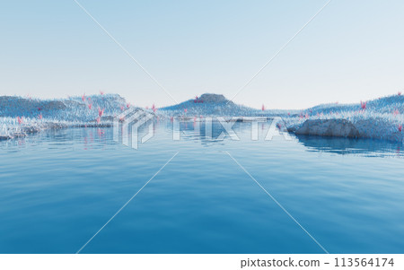 Blue grassland with lakes, 3d rendering. Blue grassland with lakes, 3d rendering. 113564174