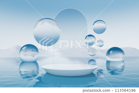 Water surface with round balls background, 3d rendering. 113564196