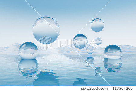 Water surface with round balls background, 3d rendering. 113564206