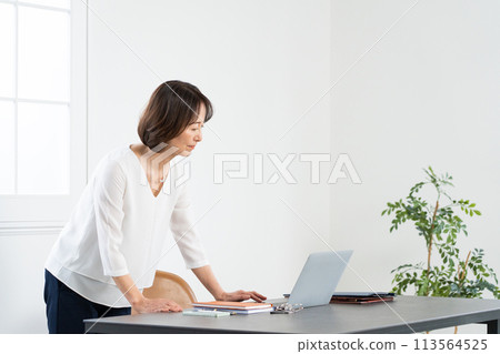 Middle woman working on personal computer 113564525