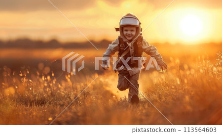 Little Boy Running Through a Field at Sunset 113564603