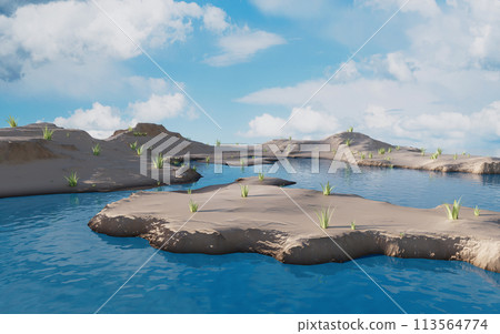 Barren land and lakes, 3d rendering. 113564774