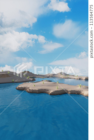 Barren land and lakes, 3d rendering. Barren land and lakes, 3d rendering. 113564775