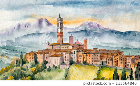 Generative Watercolor Illustration Of Siena Italy 113564846