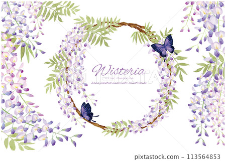 A set of frames and background material with a gentle watercolor touch of wisteria and butterflies 113564853
