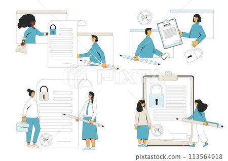 NDA concepts collection. Signing business confidentiality paper set. Job offer. Business deal. Non disclosure agreement. Contract between employee and employer. Vector modern illustration. NDA concepts collection. Signing business confidentiality paper set. Job offer. Business deal. Non disclosure agreement. Contract between employee and employer. Vector modern illustration. 113564918