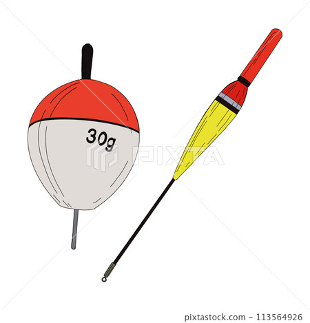 Fishing float bobber cork vector illustration tackle set. Bait minnow line drawing. Silhouette outline. Fisher angler tool. Yellow white catch sport equipment. Gear floater red long. Red plastic water Fishing float bobber cork vector illustration tackle set. Bait minnow line drawing. Silhouette outline. Fisher angler tool. Yellow white catch sport equipment. Gear floater red long. Red plastic water 113564926