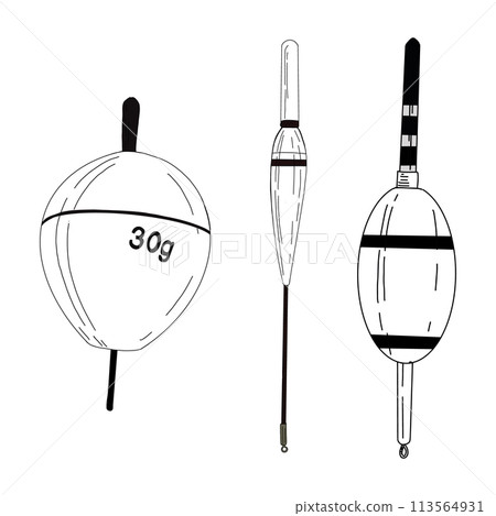 Fishing float bobber cork vector illustration tackle set. Bait minnow line drawing. Silhouette outline. Fisher angler tool. Black hook catch sport equipment. Gear floater bob long. Wave plastic water 113564931