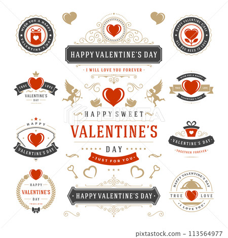 Valentine's Day Labels and Cards Set, Heart Icons Symbols, Greetings Cards, Silhouettes, Retro Typography Vector Design Elements. Valentine's Day Labels and Cards Set, Heart Icons Symbols, Greetings Cards, Silhouettes, Retro Typography Vector Design Elements. 113564977
