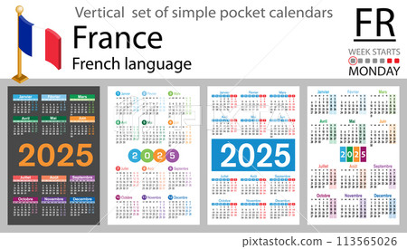 French vertical set of pocket calendar for 2025. Week starts Monday 113565026