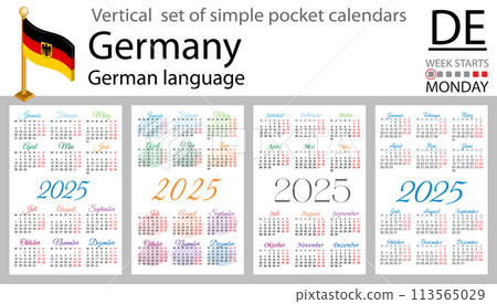 German vertical set of pocket calendar for 2025. Week starts Monday 113565029