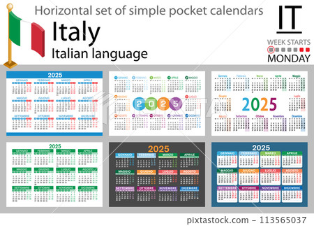 Italian horizontal set of pocket calendar for 2025. Week starts Monday Italian horizontal set of pocket calendar for 2025. Week starts Monday 113565037