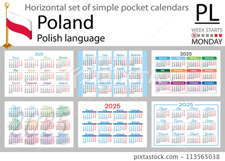Polish horizontal set of pocket calendar for 2025. Week starts Monday 113565038