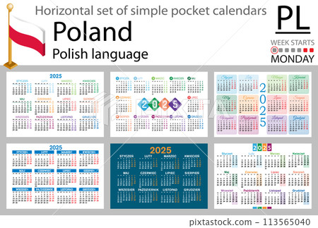 Polish horizontal set of pocket calendar for 2025. Week starts Monday Polish horizontal set of pocket calendar for 2025. Week starts Monday 113565040
