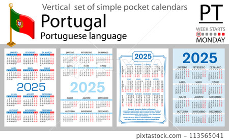 Portuguese vertical set of pocket calendar for 2025. Week starts Monday Portuguese vertical set of pocket calendar for 2025. Week starts Monday 113565041